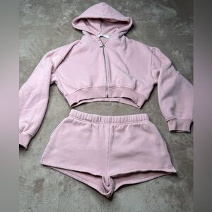 Cropped Pink heavy cotton  Hoodie & Shorts Set - Women Jackets & Coats